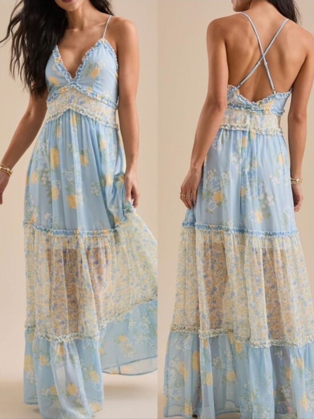 Altar'd State Light Blue Floral Maxi Dress with Yellow Blooms